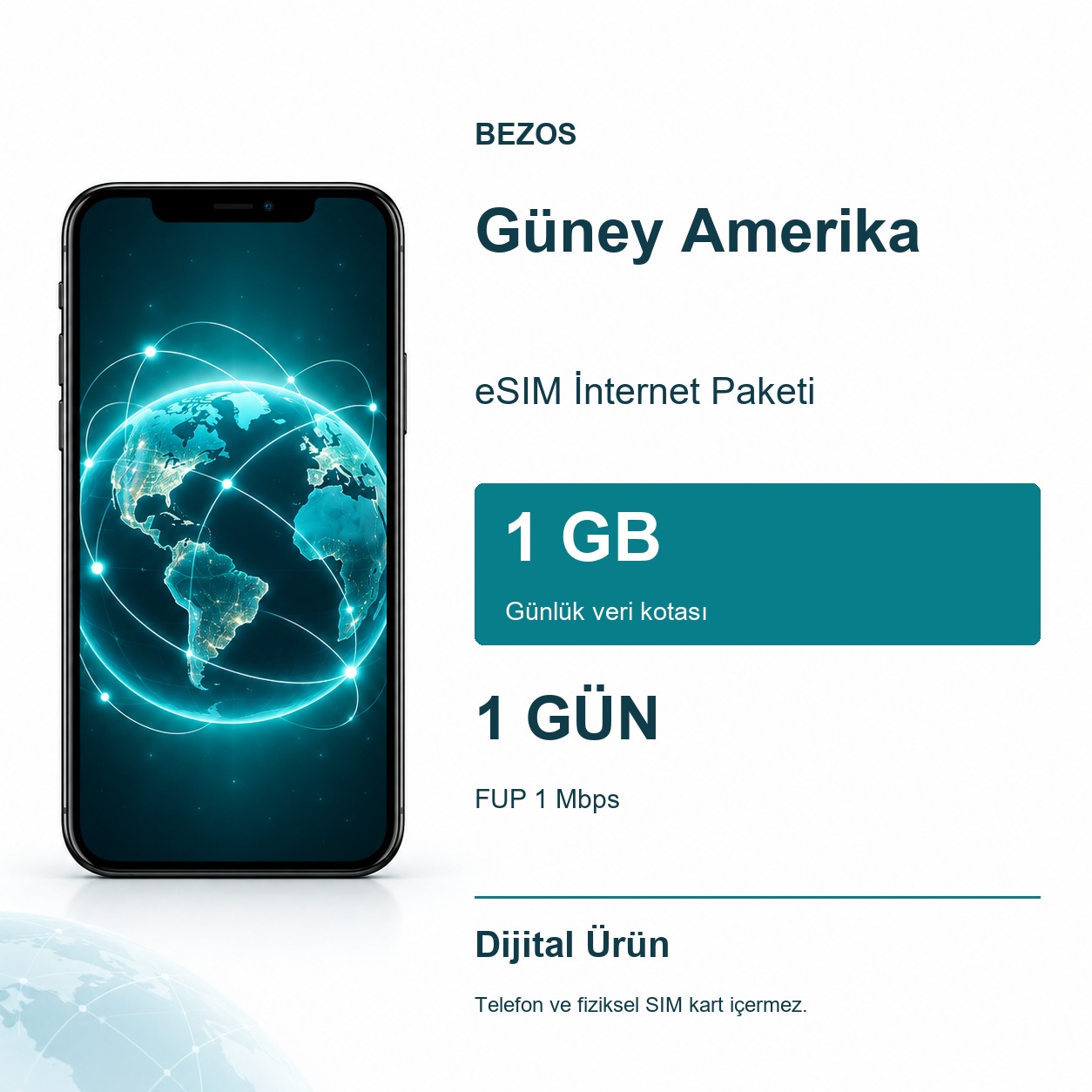 Güney Amerika eSIM İnternet Paketi Günlük 1 GB 1 Gün - FUP 1 Mbps
