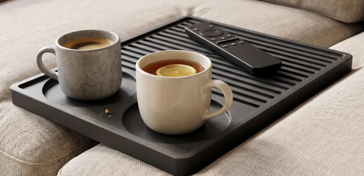3D Baskı Koltuk Kenarı Çay Kahve Tepsisi Çizgili Kumandalıklı Bardak Yuvalı Kanepe Sehpası Siyah