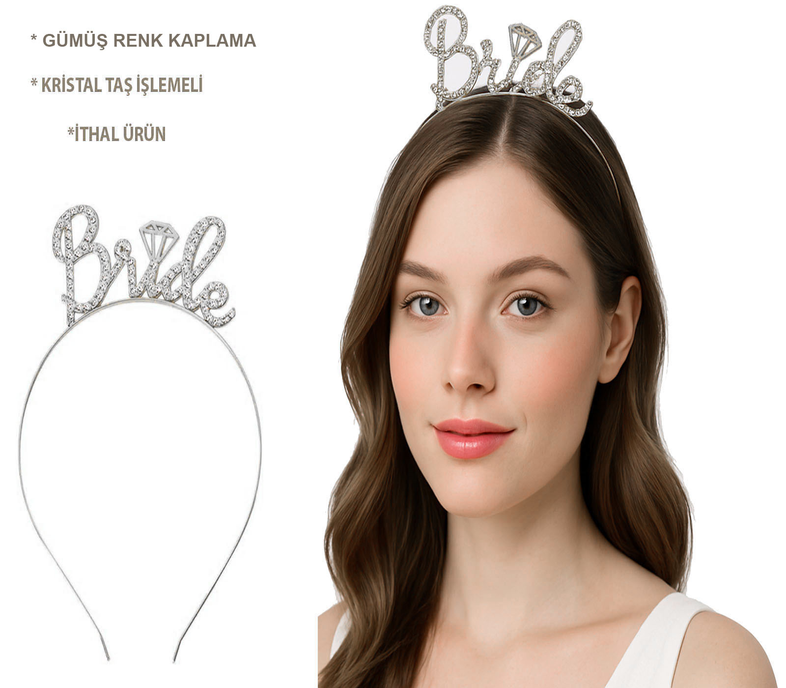 Gümüş Renkli Taşlı ?Bride? Gelin Tacı ? El Yazısı Yazı Tipiyle