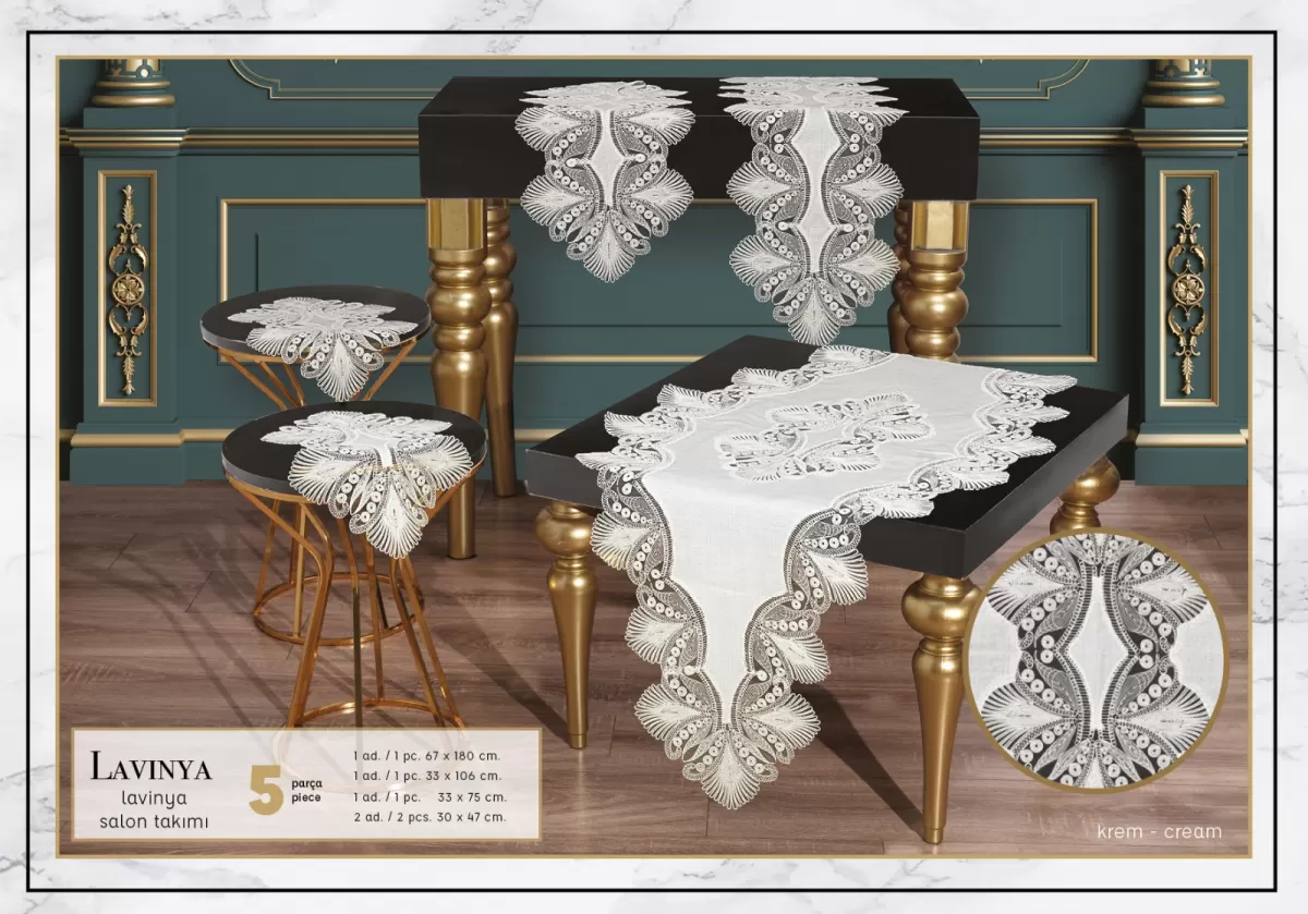 Salon Takımı 5 Parça Keten Dantelli Masa Örtüsü Runner Seti Çeyizlik Lavinya Model Krem-Krem