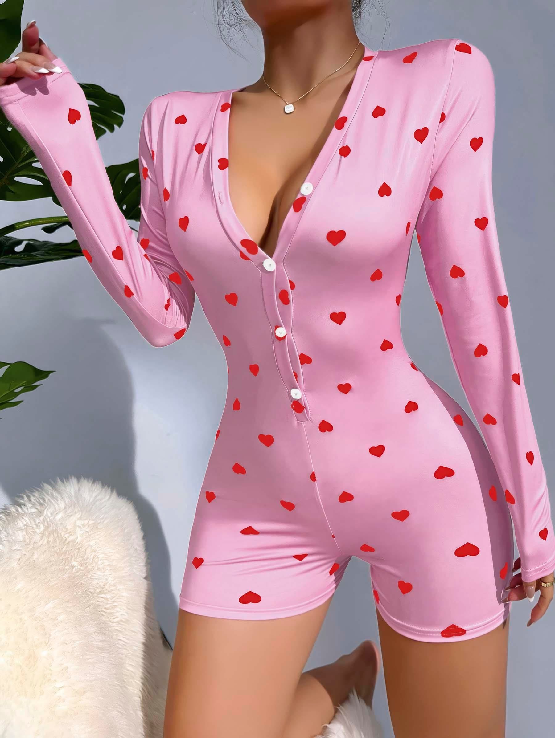 Kadın Pembe Kalp Desenli Pijama Tulumu 5121 · BEDEN: L/XL · RENK: Kırmızı