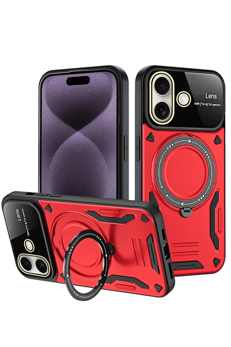 Apple iPhone 16 Uyumlu Kılıf Joy Lens Standlı Kapak - Kırmızı