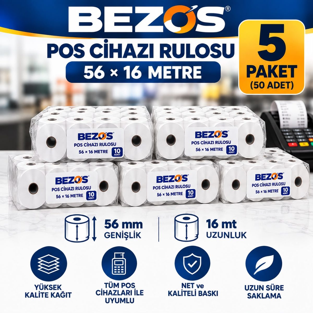 Termal POS Cihazı Rulosu 56 mm x 16 m - 50 Adet (5 Paket) Yazar Kasa Slip Rulosu