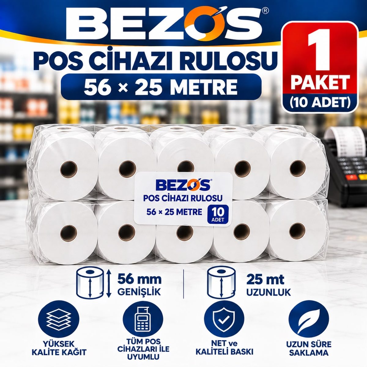 Termal POS Cihazı Rulosu 56 mm x 25 m - 10 Adet (1 Paket) Yazar Kasa Slip Rulosu