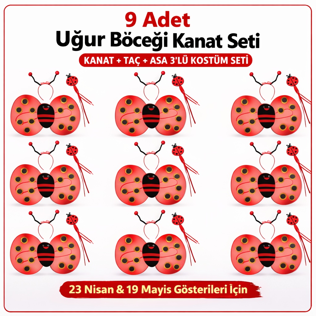 9?lu Uğur Böceği Ateş Böceği Kostüm Seti ? Kanat Taç Asa