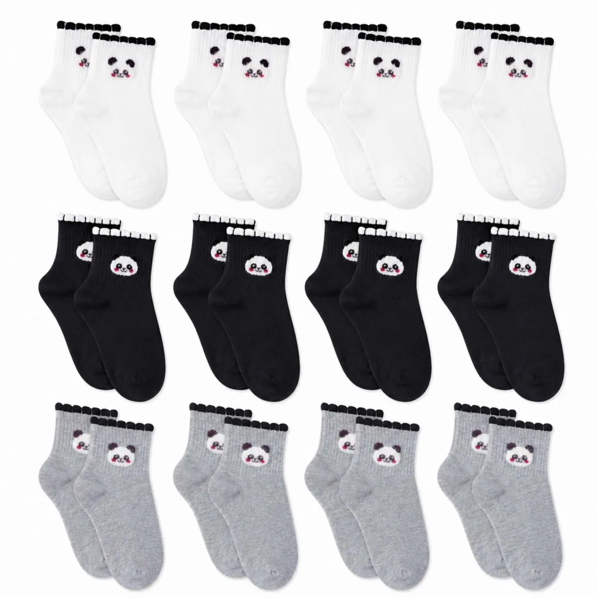 Kadın Panda Desenli Kısa Konç Çorap 12'li Paket, %80 Pamuklu Dikişsiz Burun, Nefes Alan Yumuşak Bilek Çorabı, Siyah Beyaz Gri · BEDEN: 36-40 · RENK: Çok Renkli 12 li