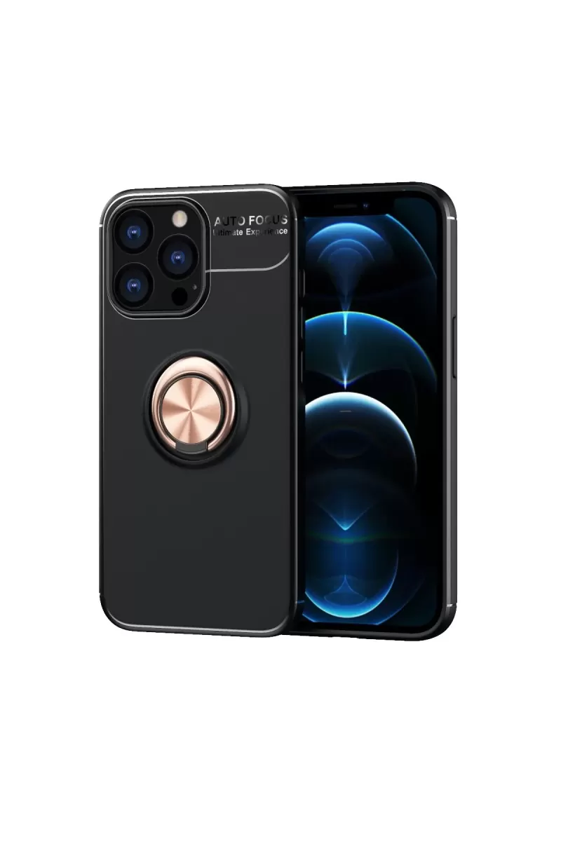 Apple iPhone 13 Pro Uyumlu Kılıf Range Yüzüklü Silikon - Siyah-Gold