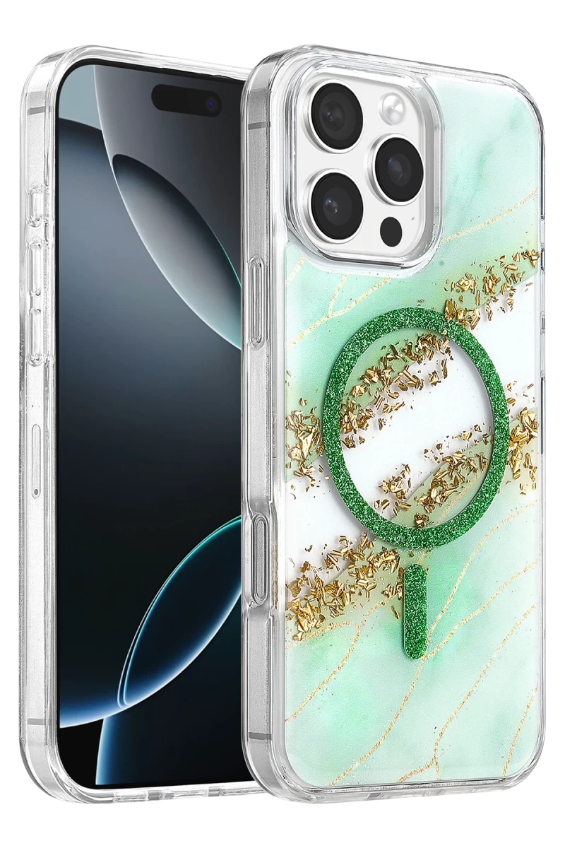 Onegif Apple iPhone 16 Pro Max Uyumlu Lotus Simli Magsafe Kapak - Yeşil