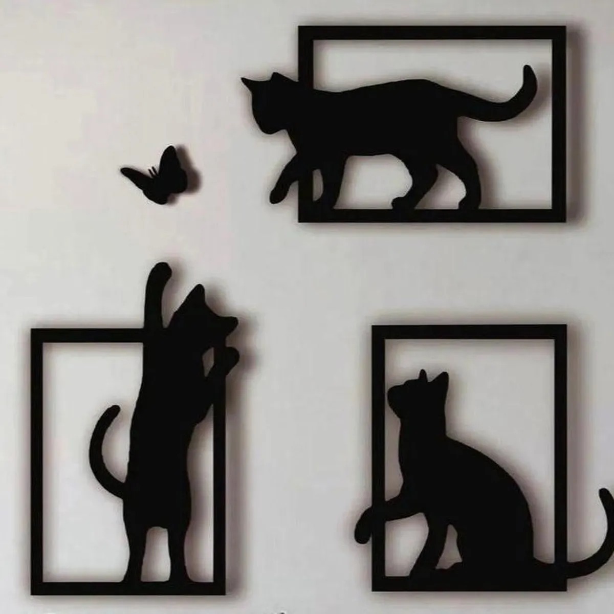 3D Baskı Kedi ve Kelebek Duvar Dekoru 3'lü Set Siyah Kedi Silüeti Duvar Süsü