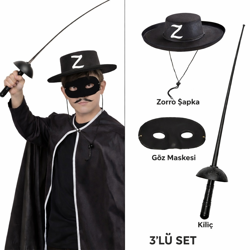 Zorro Kostüm Seti 3?lü Çocuk ? Şapka, Maske ve Kılıç