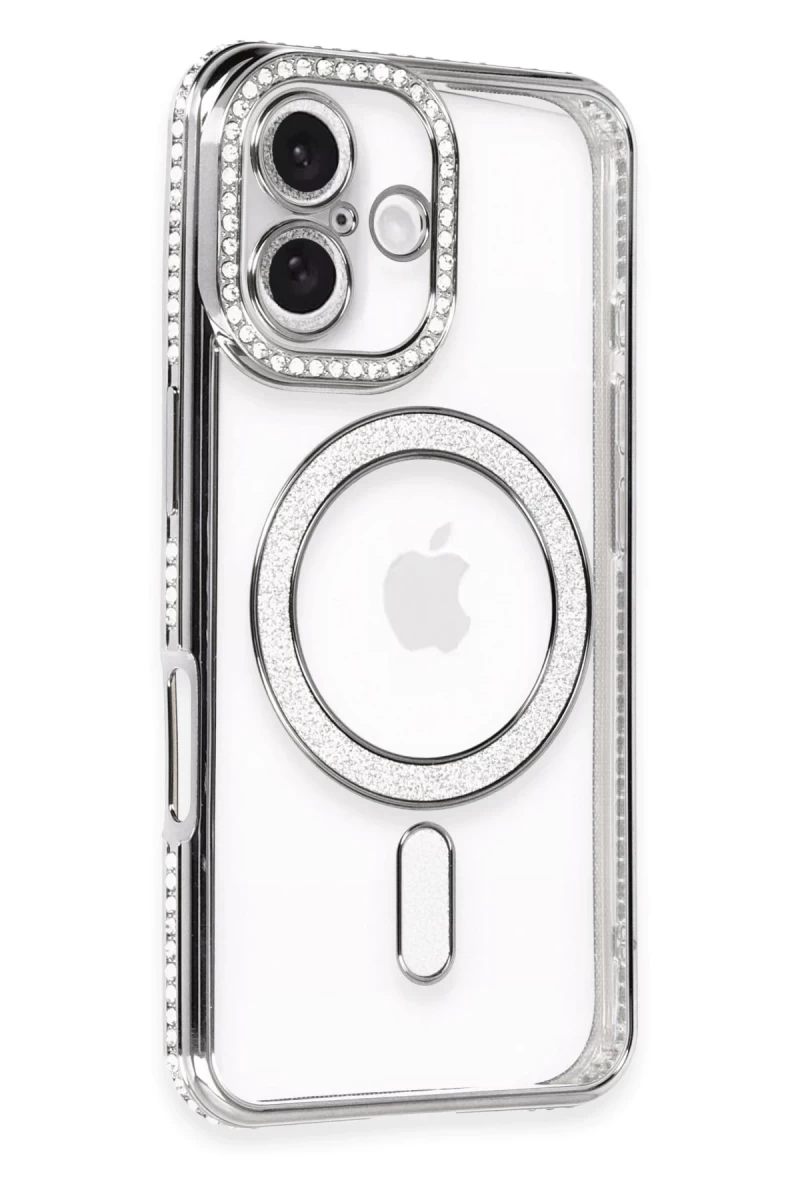Apple iPhone 16 Uyumlu Kılıf Joke Simli Magneticsafe Kılıf - Gri