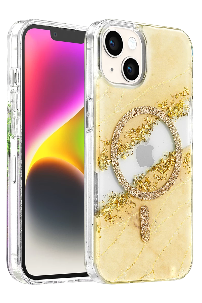 Onegif Apple iPhone 14 Uyumlu Lotus Simli Magsafe Kapak - Gümüş