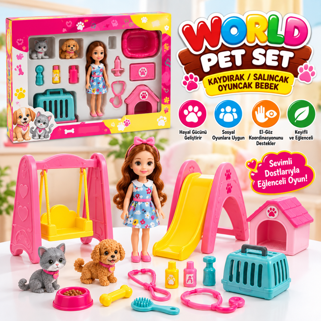 ENF-39188 WORLD PET SET KAYDIRAK/SALINCAK OYUNCAK BEBEK