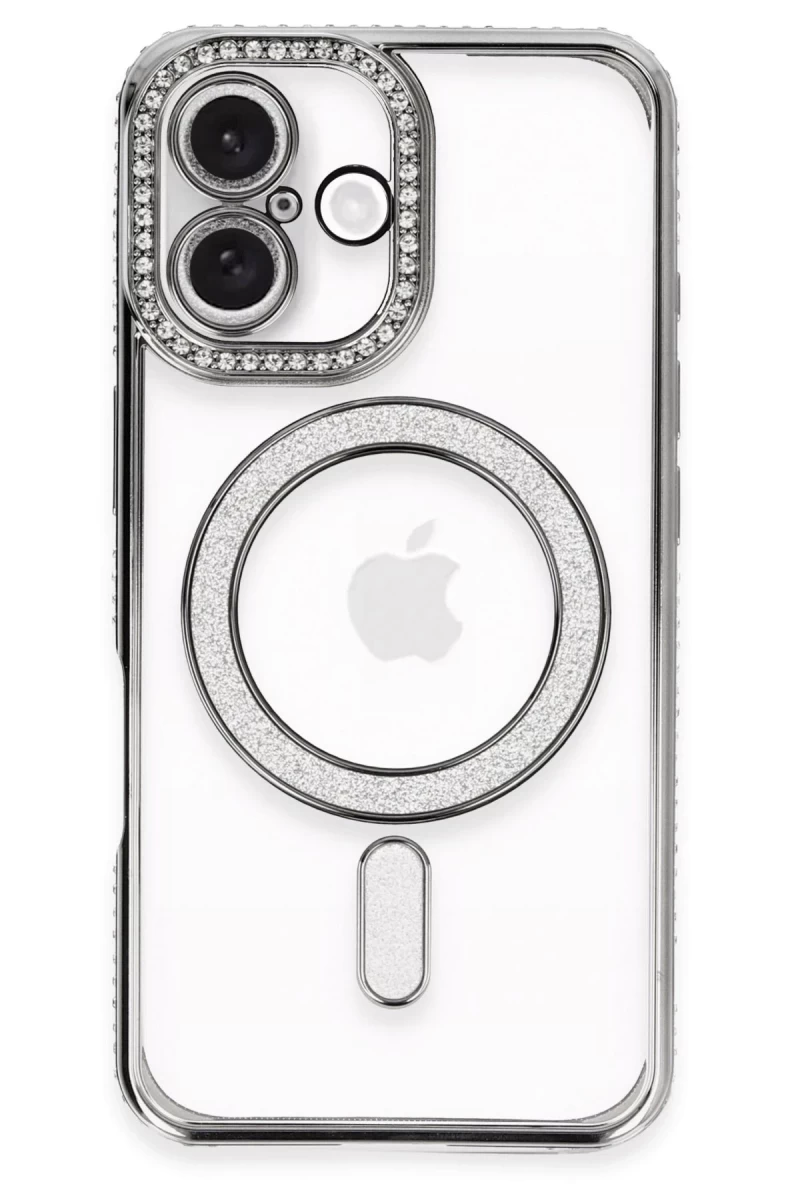 Apple iPhone 16 Plus Uyumlu Kılıf Joke Simli Magneticsafe Kılıf - Gri