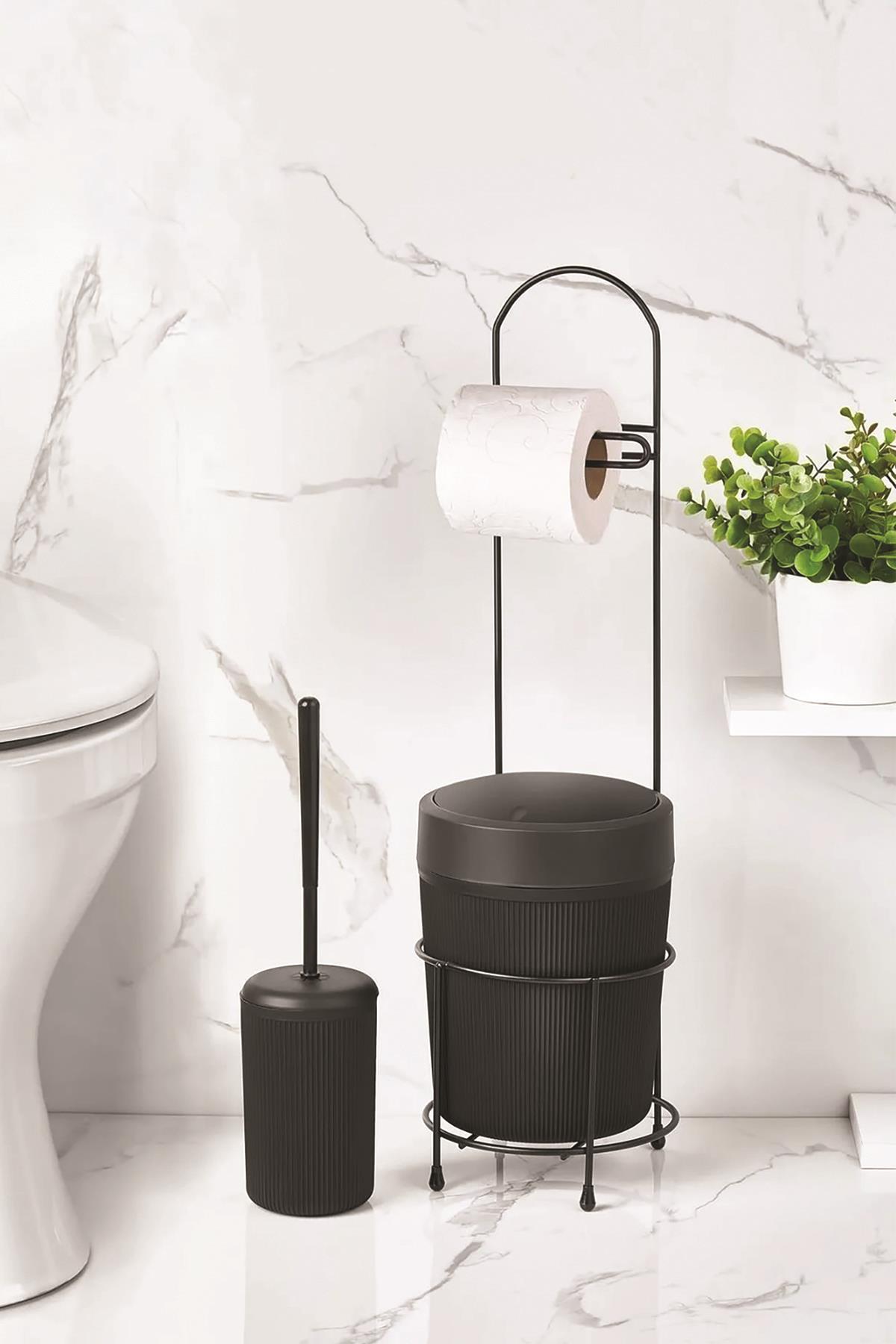 Metal Standlı Yuvarlak Kovalı &amp; Kağıtlıklı &amp; Fırçalıklı Siyah Banyo Takımı