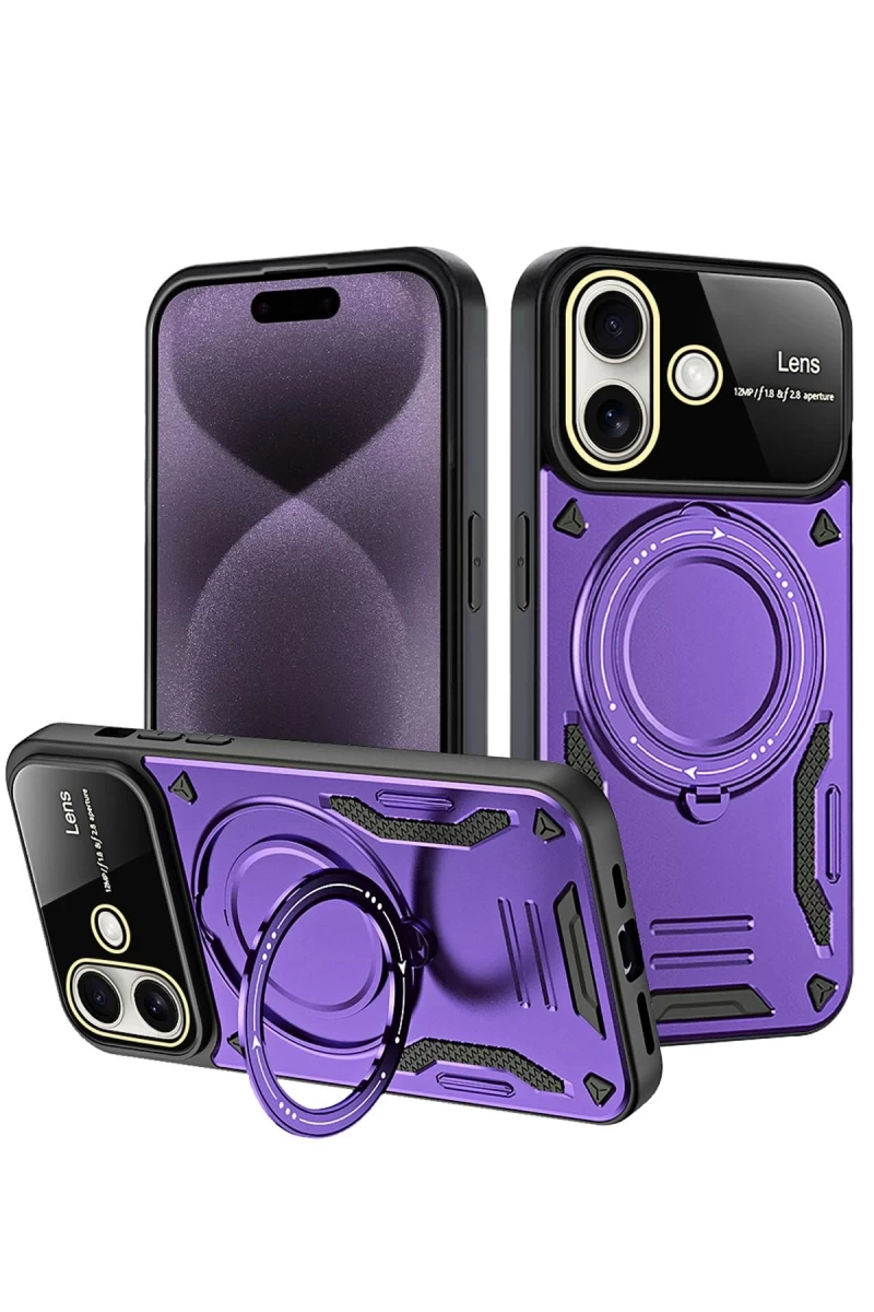 Apple iPhone 16 Uyumlu Kılıf Joy Lens Standlı Kapak - Mor