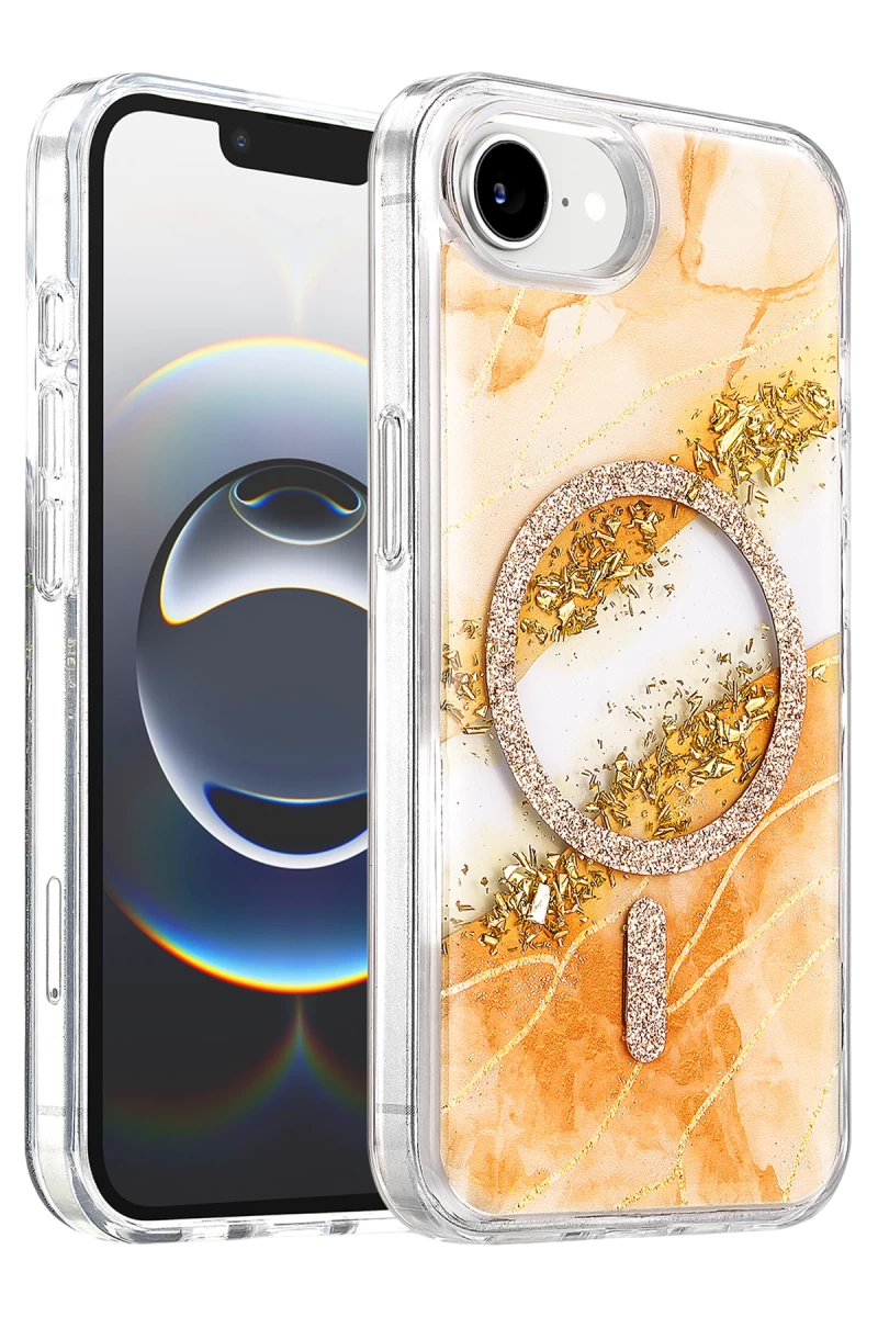 Onegif Apple iPhone 17E Uyumlu Lotus Simli Magsafe Kapak - Turuncu
