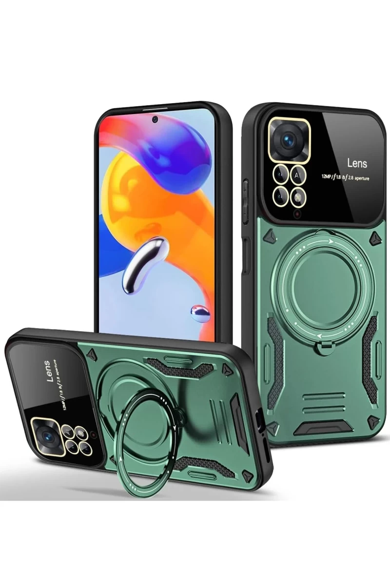 Xiaomi Redmi Note 11 Pro Uyumlu Kılıf Joy Lens Standlı Kapak - Koyu Yeşil