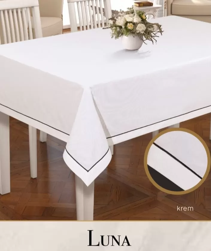 Luna Model Krem 160x220 cm Keten Masa Örtüsü Şık Modern Yemek Masası Dekorasyonu