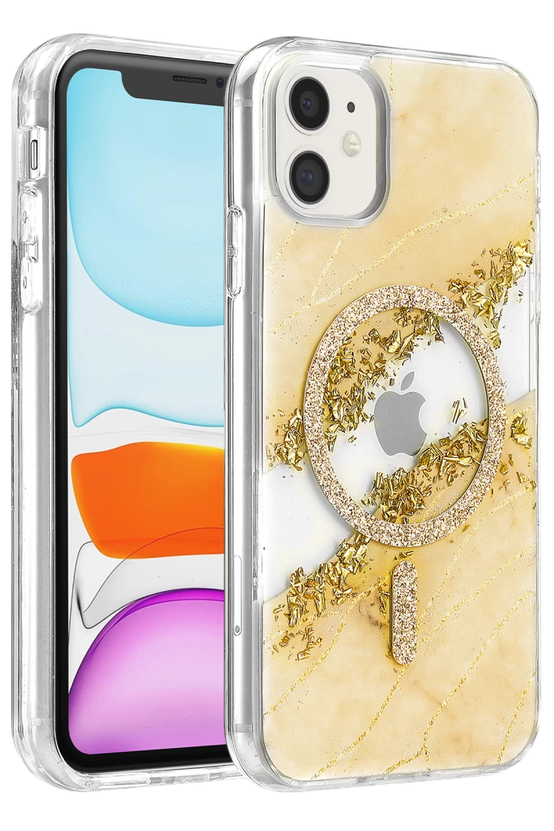 Onegif Apple iPhone 11 Uyumlu Lotus Simli Magsafe Kapak - Gümüş