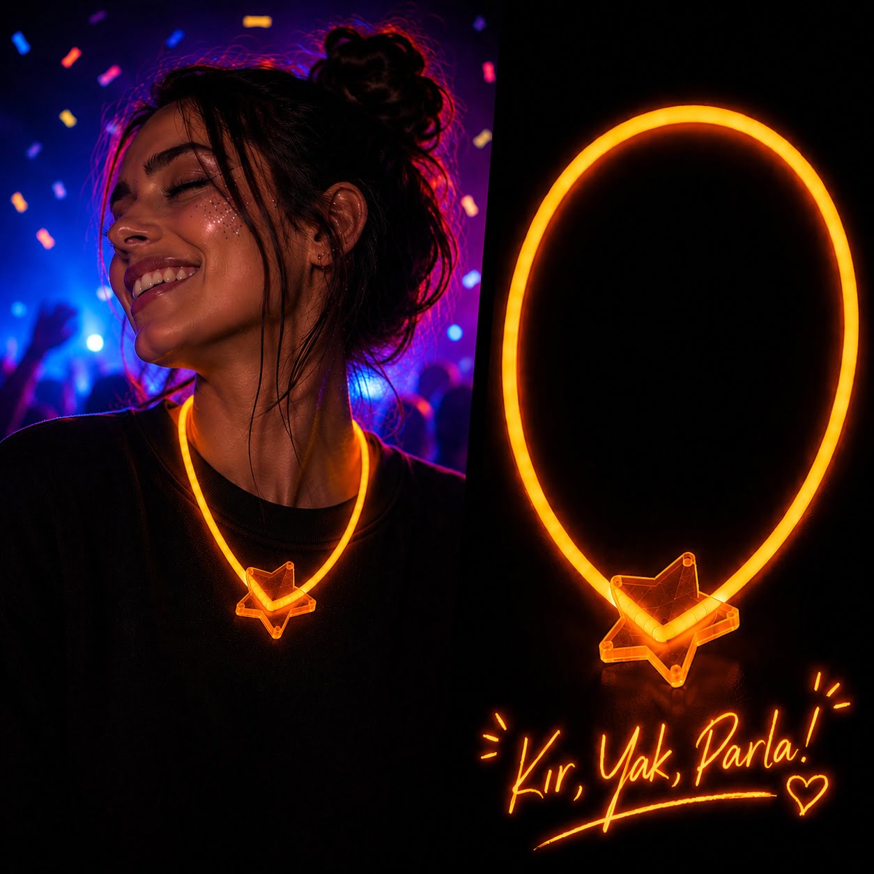 Fosforlu Yıldız Parti Kolyesi ? Neon Işıklı Kolye Turuncu Renk