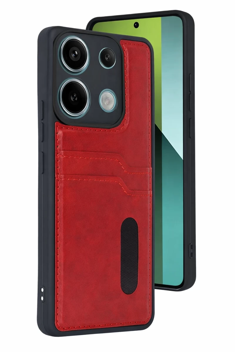 Xiaomi Redmi 15C 4G Uyumlu Sara Kartvizitli Deri Kılıf - Kırmızı
