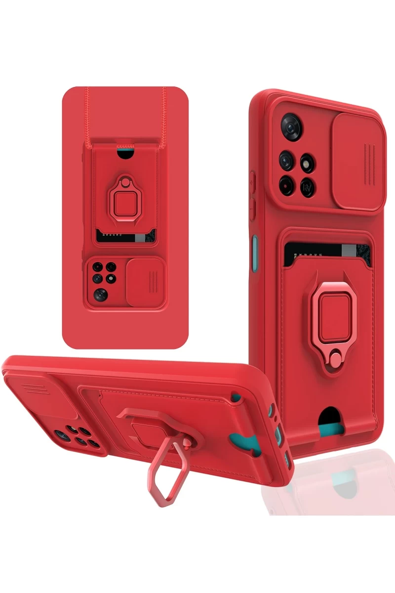 Xiaomi Redmi Note 11T Uyumlu Kılıf Zuma Kartvizitli Yüzüklü Silikon - Kırmızı