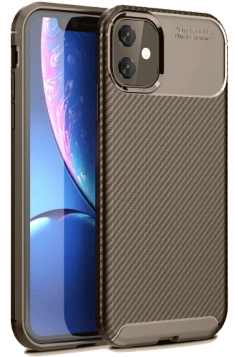 Apple iPhone 11 Uyumlu Kılıf Auto Focus Karbon Kapak - Kahverengi