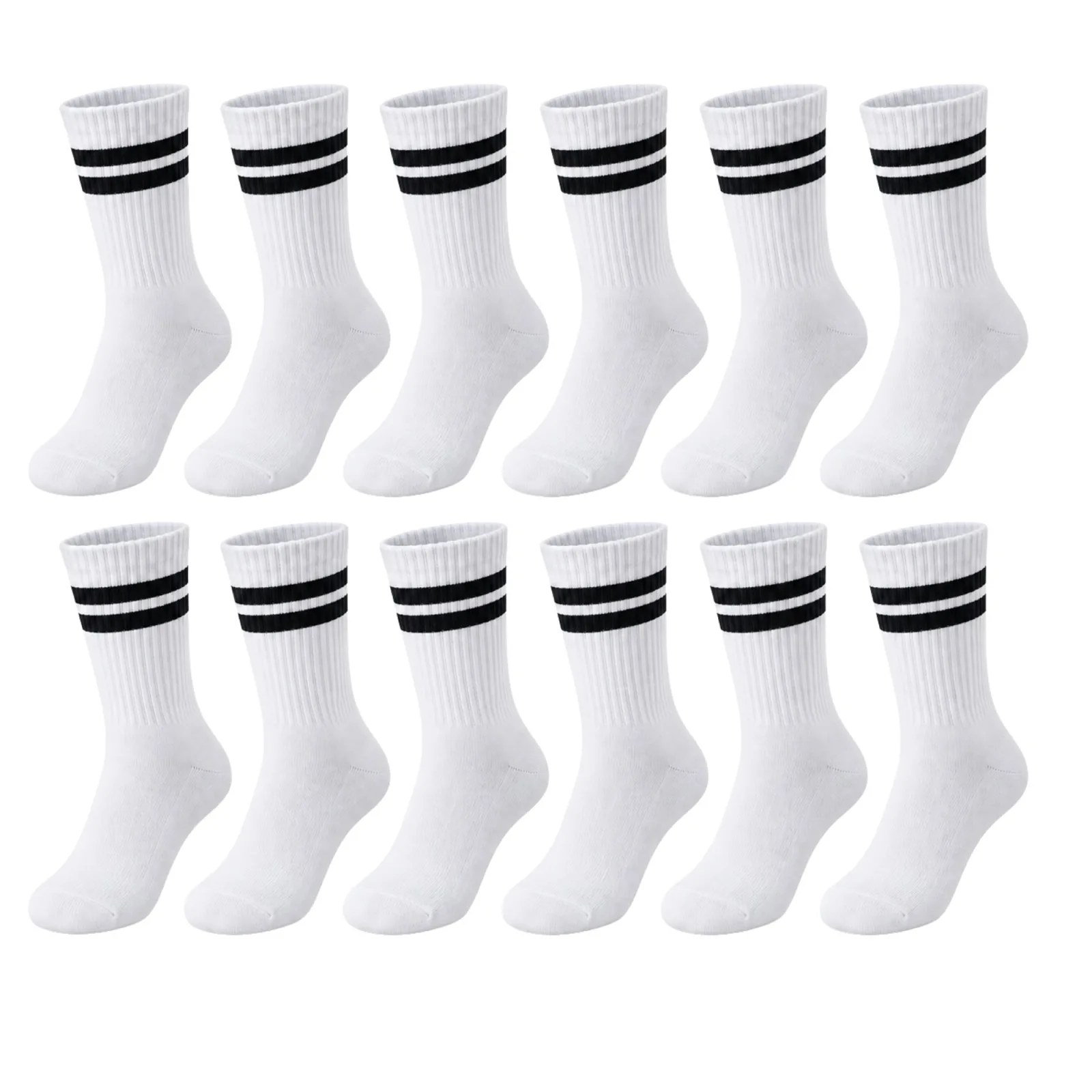 Unisex Beyaz Çorap Siyah Çizgili 12'li Set Uzun Soket Günlük Spor Kolej Stil Kadın Erkek Çorabı