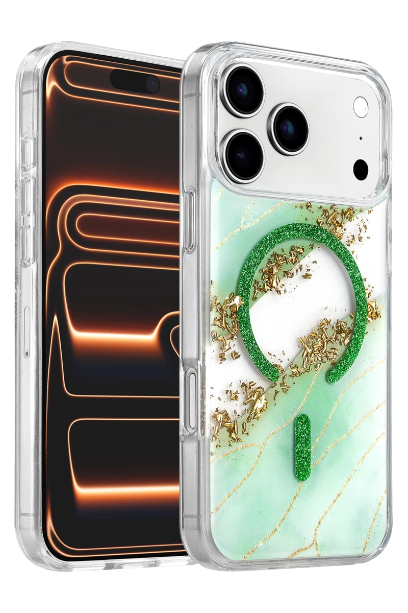 Onegif Apple iPhone 17 Pro Uyumlu Lotus Simli Magsafe Kapak - Yeşil