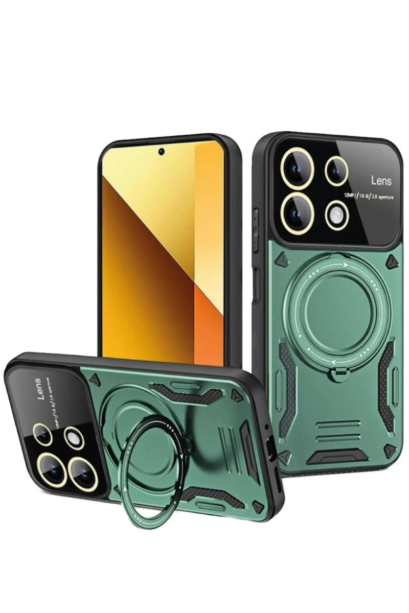 Xiaomi Redmi Note 13 4G Uyumlu Kılıf Joy Lens Standlı Kapak - Koyu Yeşil
