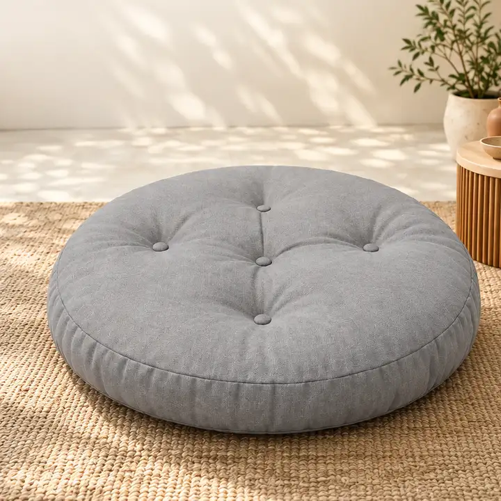 Kapitone Yuvarlak Yer Minderi · 60 × 60 × 8 cm | Gri | İç mekân