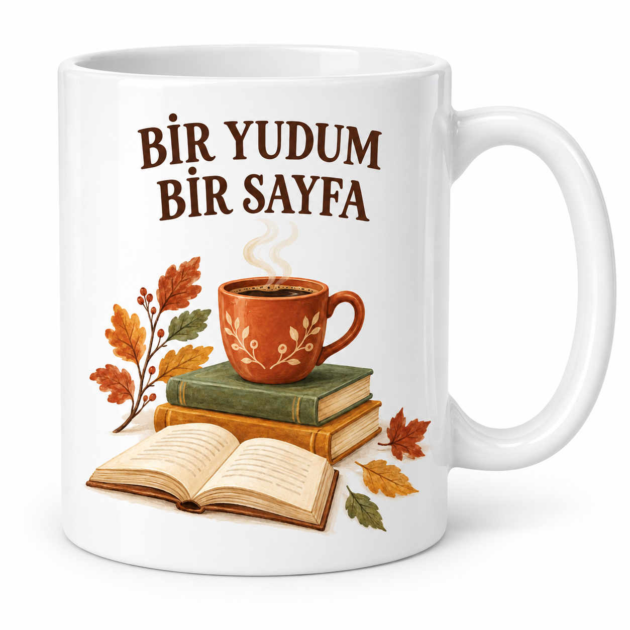 Bir Yudum Bir Sayfa Kitap ve Kahve Temalı Porselen Kupa - Sonbahar Tasarımı - MODEL 257