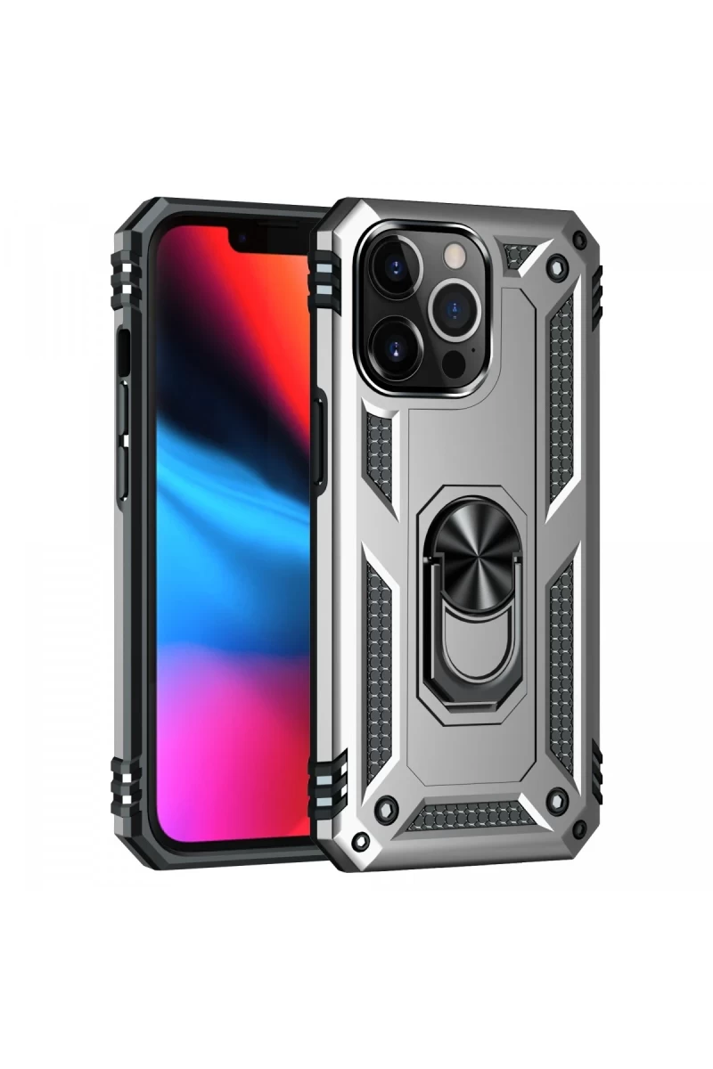 Apple iPhone 14 Pro Uyumlu Kılıf Sofya Yüzüklü Silikon Kapak - Gümüş