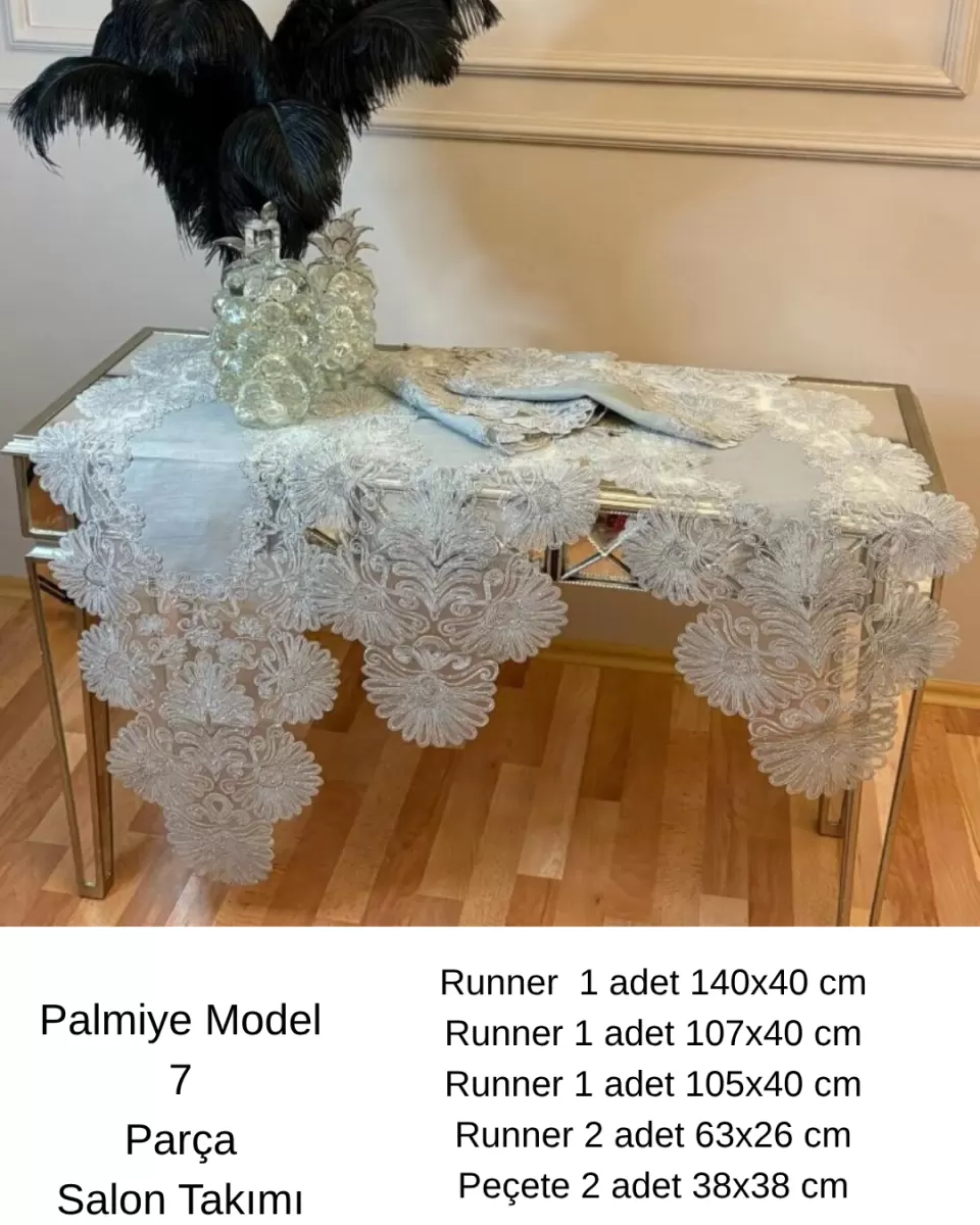 Keten Palmiye Model Gri 5 Parça Masa Örtüsü Runner Seti Salon Takımı