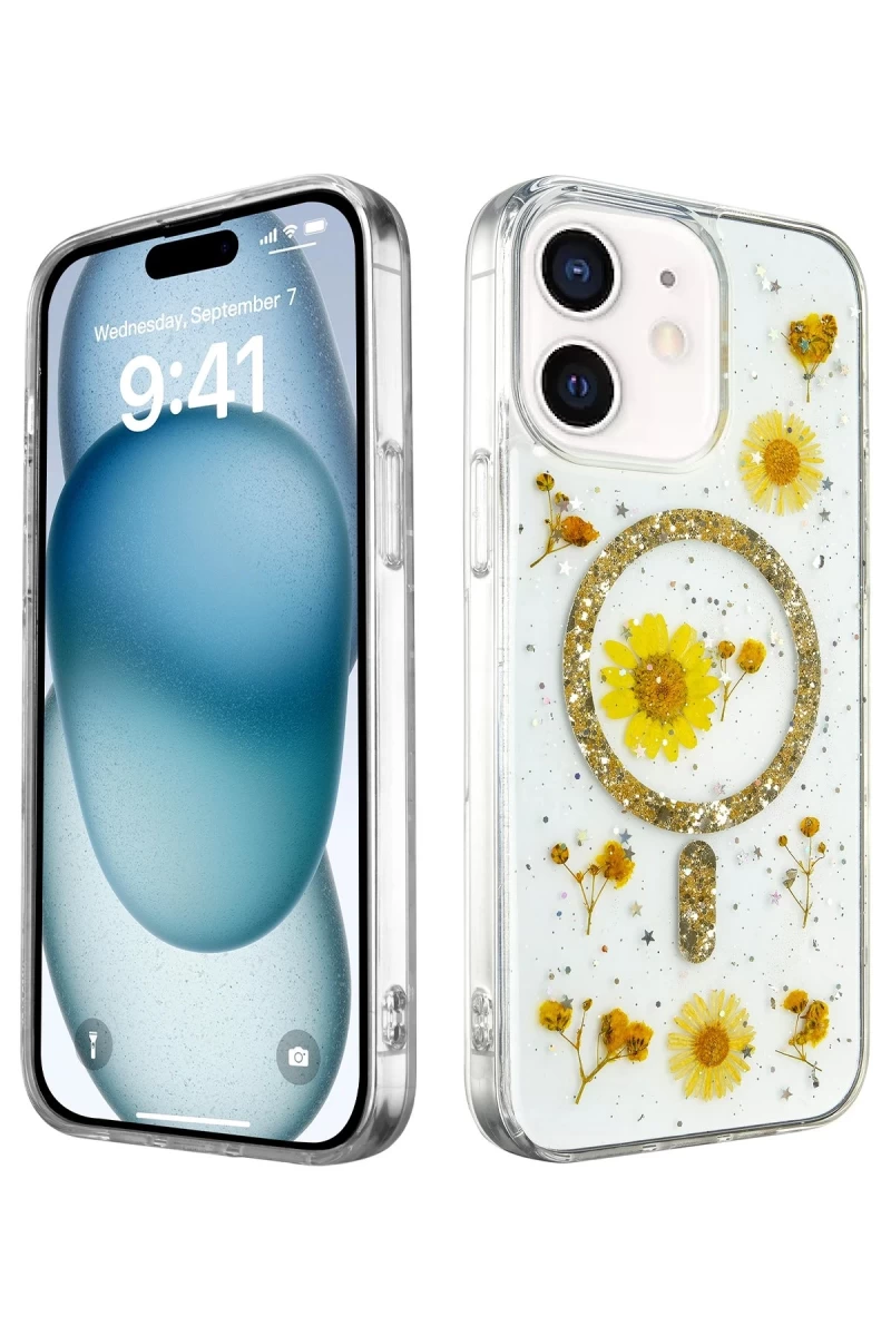 Apple iPhone 12 Uyumlu Kılıf Daisy Simli Magsafe Kapak - Gold