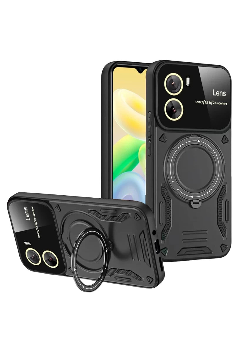 Vivo Y16 Uyumlu Kılıf Joy Lens Standlı Kapak - Siyah