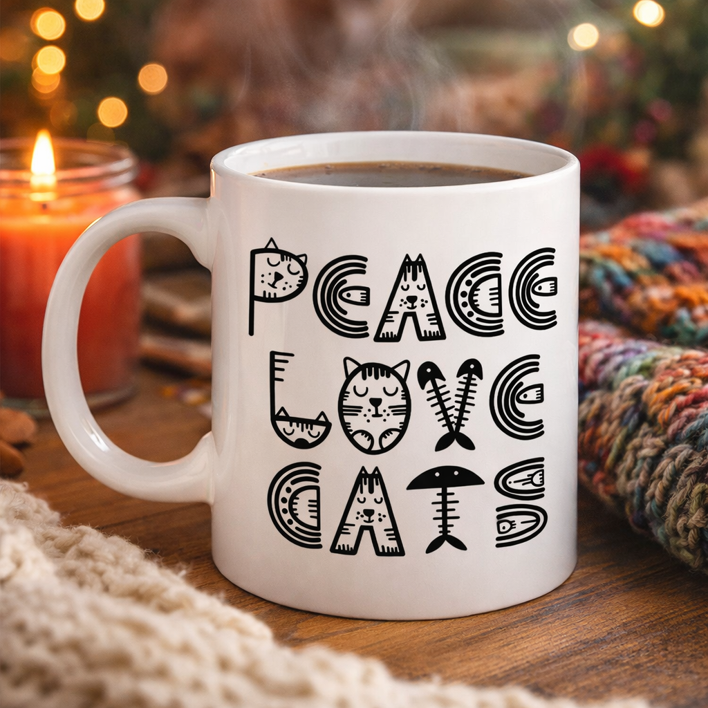 Peace Love Cats – Sevimli Kedi Desenli Porselen Kupa MODEL 60 Kahve & Çay Kupası