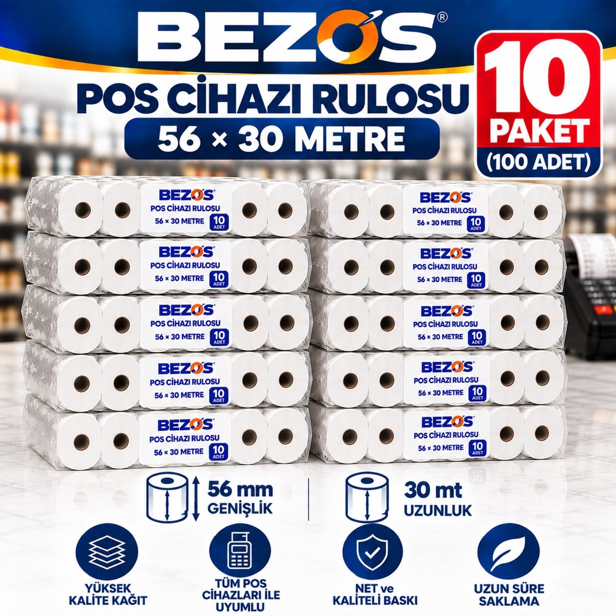 Termal POS Cihazı Rulosu 56 mm x 30 m - 100 Adet (10 Paket) Yazar Kasa Slip Rulosu