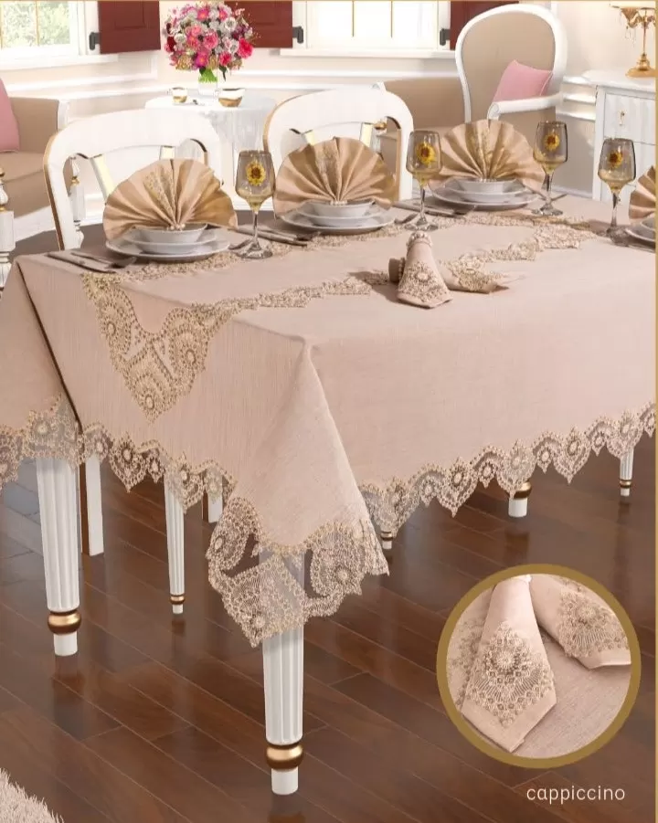 Kapiçino Kartanesi Gardenya Keten 12 Kişilik 160 × 220 cm Yemek Takımı Masa Seti