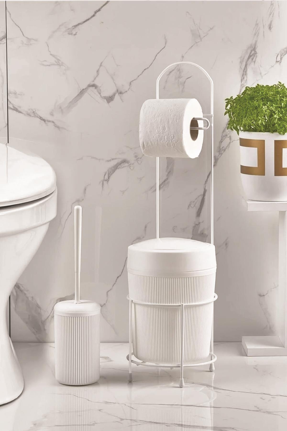 Metal Standlı Yuvarlak Kovalı &amp; Kağıtlıklı &amp; Fırçalıklı Beyaz Banyo Takımı