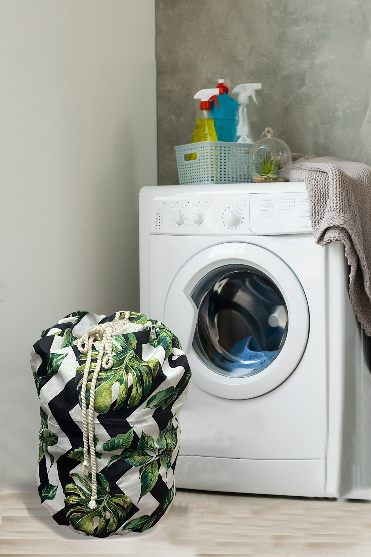 Çamaşır Torbası ASTARSIZ, Kirli Banyo Torbası, Düzenleyici Torba - Yeşil Yapraklı