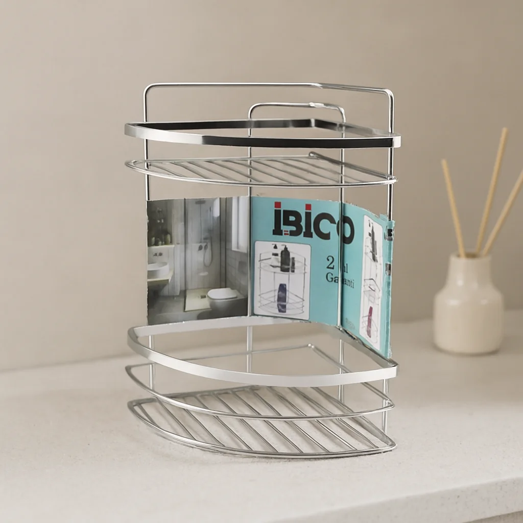 Krom Metal 2 Katlı Üçgen Banyo Köşeliği - Duş Rafı