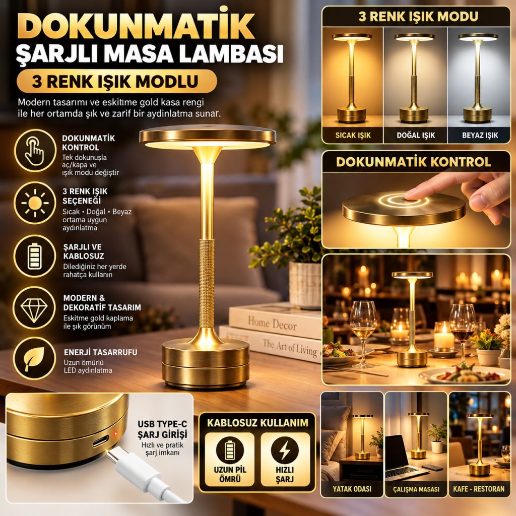 Eskitme Gold Kasa Dokunmatik Şarjlı Masa Lambası – 3 Renk Işık Modlu, LED Aydınlatmalı, Modern &amp; Dekoratif Abajur