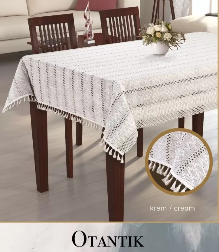 Pamuklu Masa Örtüsü Tablecloth 150x220 cm Yemek Masası Örtüsü Otantik Model Krem
