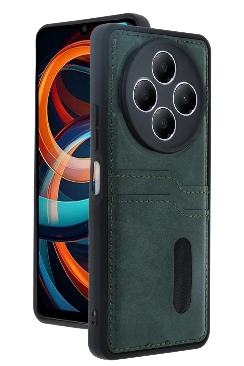 Xiaomi Redmi 14C Uyumlu Kılıf Sara Kartvizitli Deri Kılıf - Koyu Yeşil