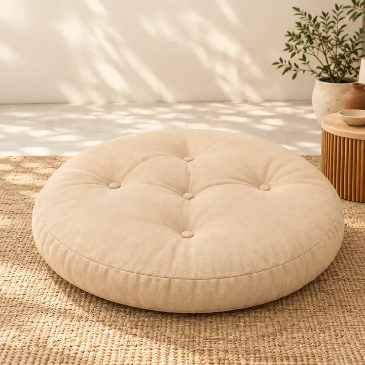 Kapitone Yuvarlak Yer Minderi · 60 × 60 × 8 cm | Krem | İç mekân