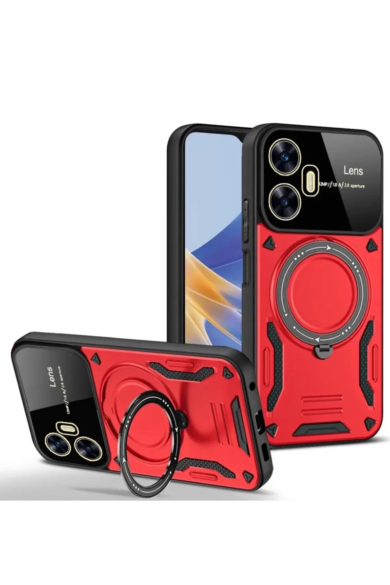 Realme C55 Uyumlu Kılıf Joy Lens Standlı Kapak - Kırmızı