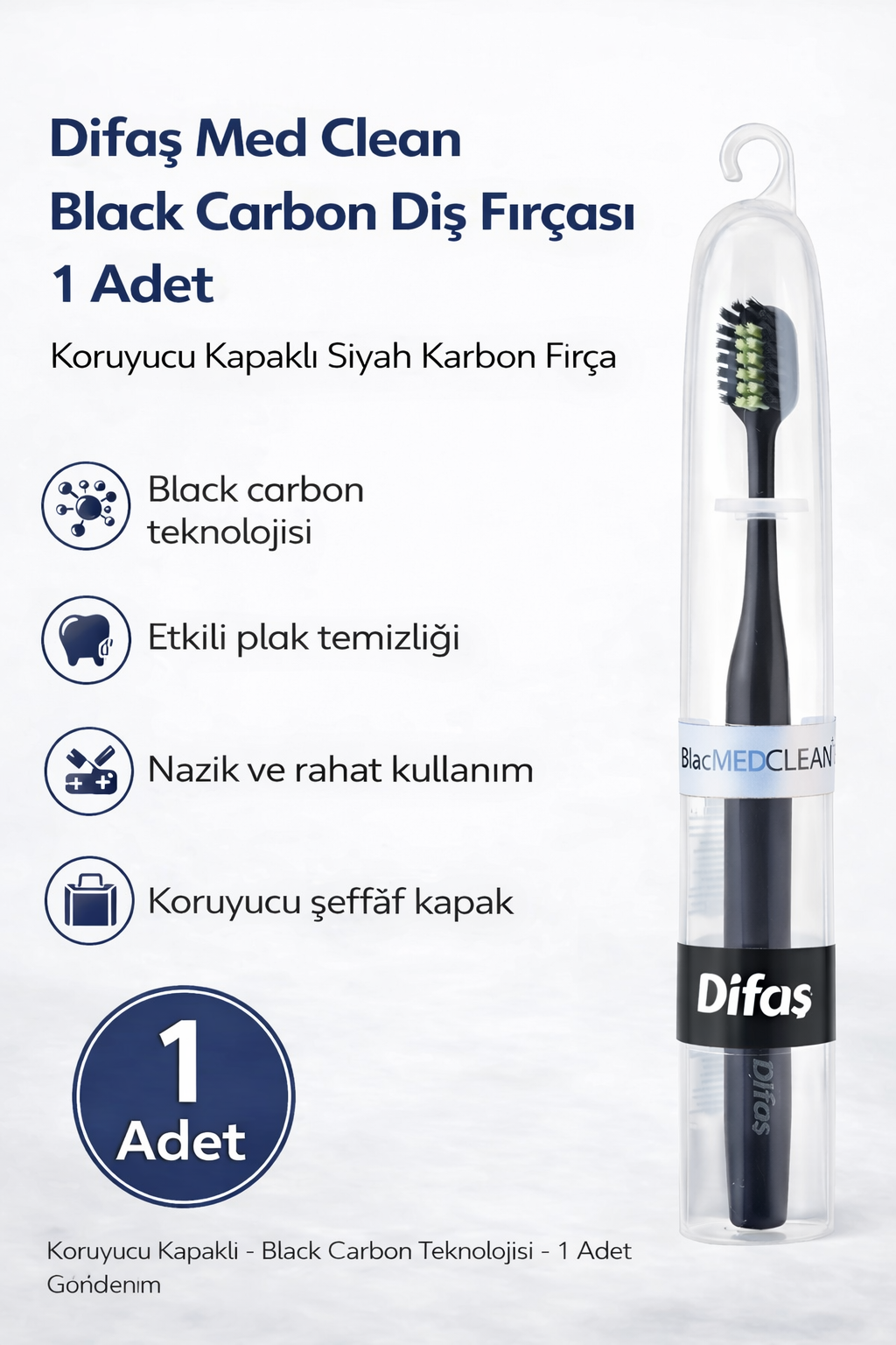 Difaş Med Clean Black Carbon Diş Fırçası 1 Adet Koruyucu Kapaklı Siyah Karbon Fırça
