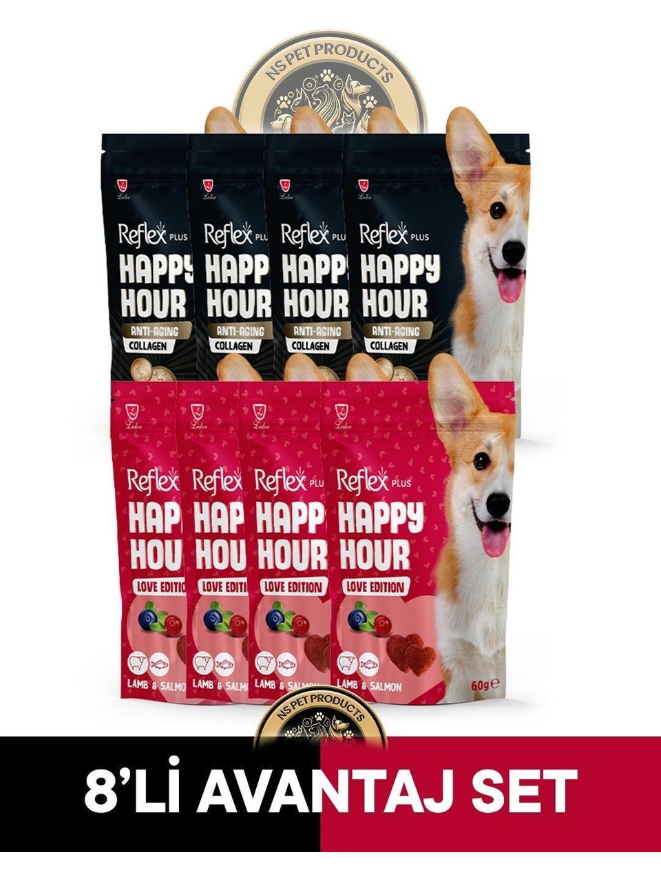 Reflex Plus Happy Hour Anti Aging Collagen & Love Edition Köpek Ödül Maması Seti 8x60 gr